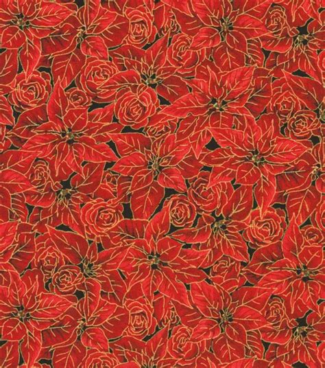 Red Gilded Poinsettias Christmas Metallic Cotton Fabric